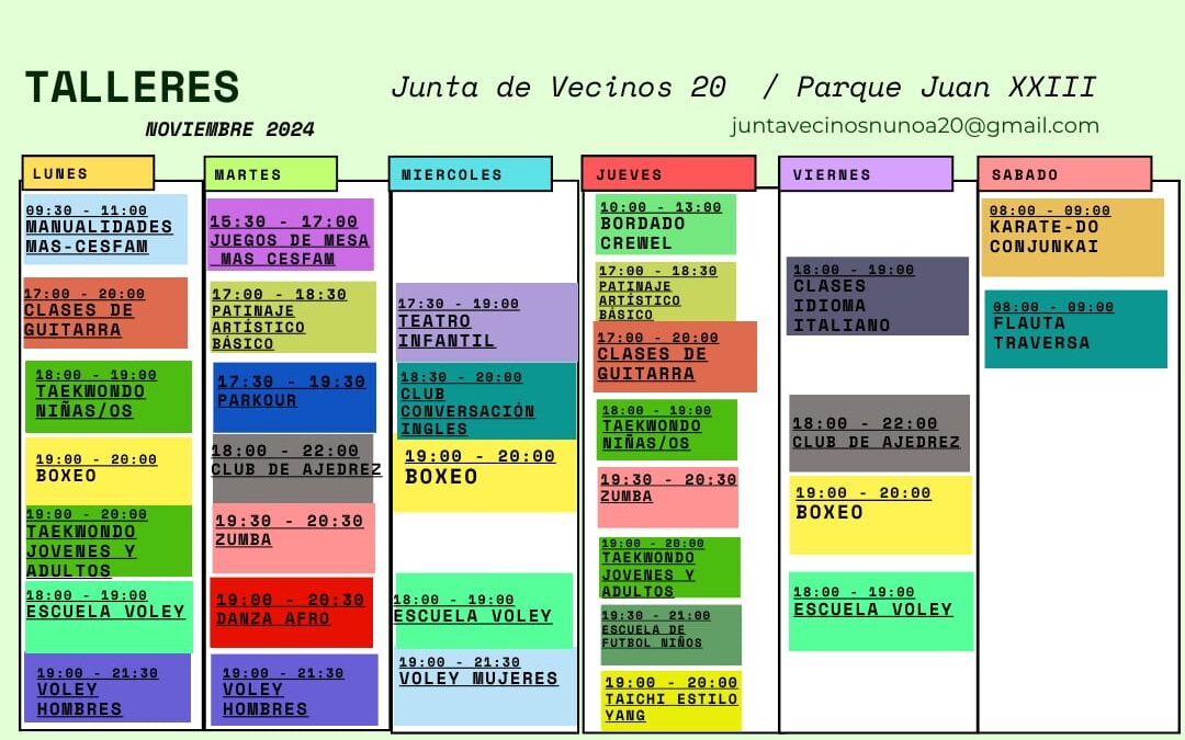 Calendario Talleres activos al 1 de noviembre